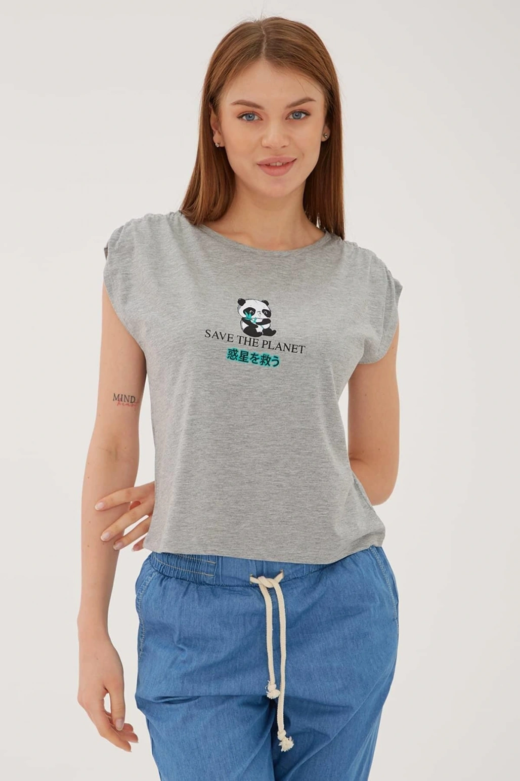 Omuz Büzgülü T-shirt Gri Melanj / Grey Melange