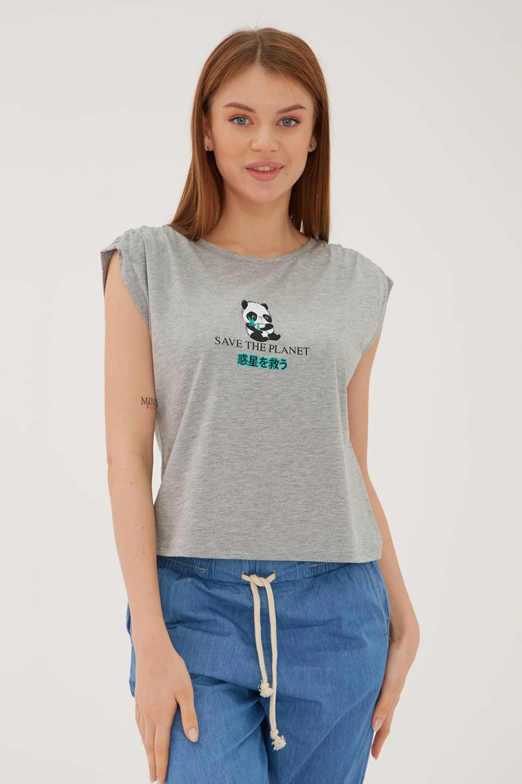 Omuz Büzgülü T-shirt Gri Melanj / Grey Melange