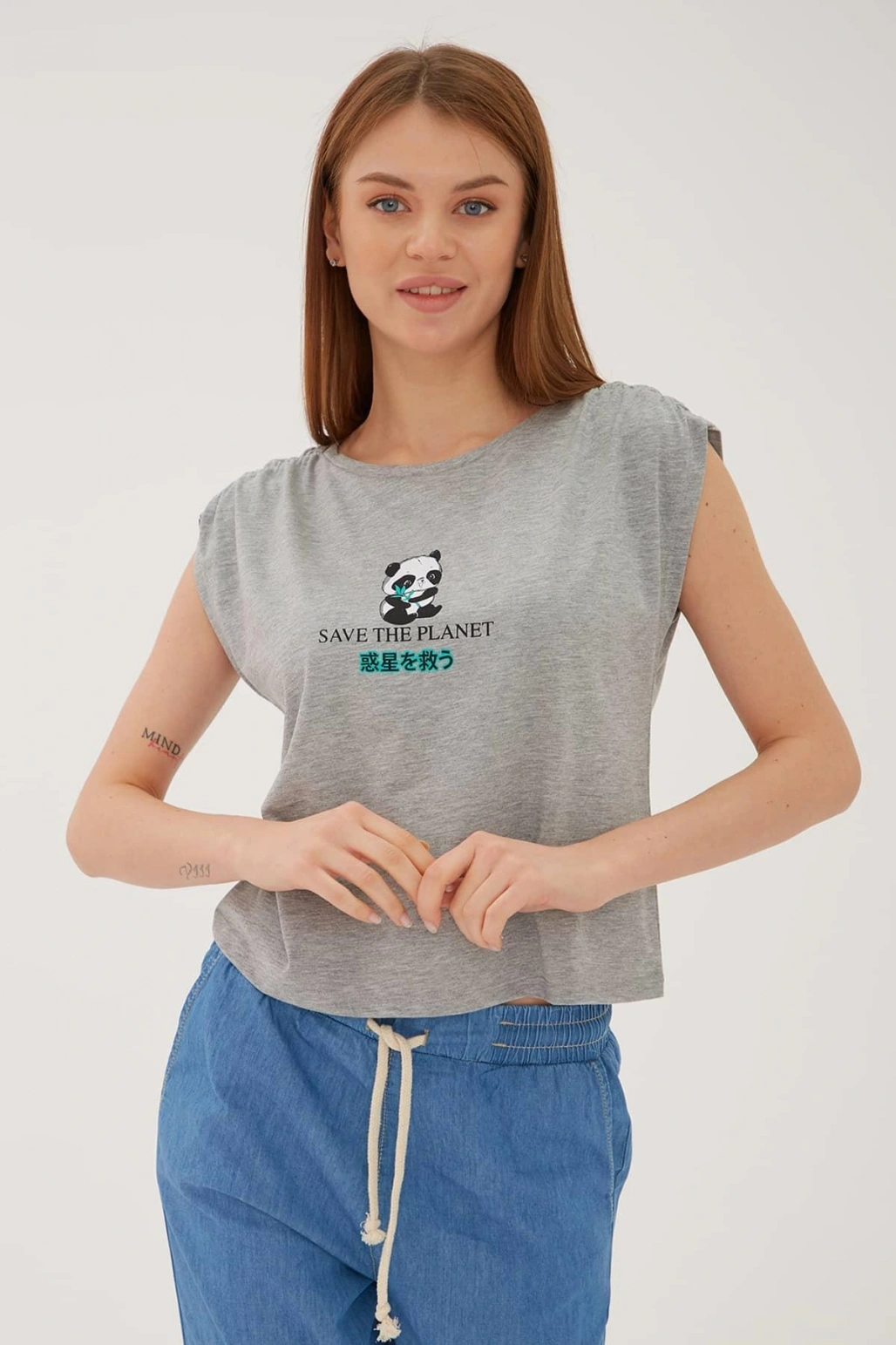 Omuz Büzgülü T-shirt Gri Melanj / Grey Melange