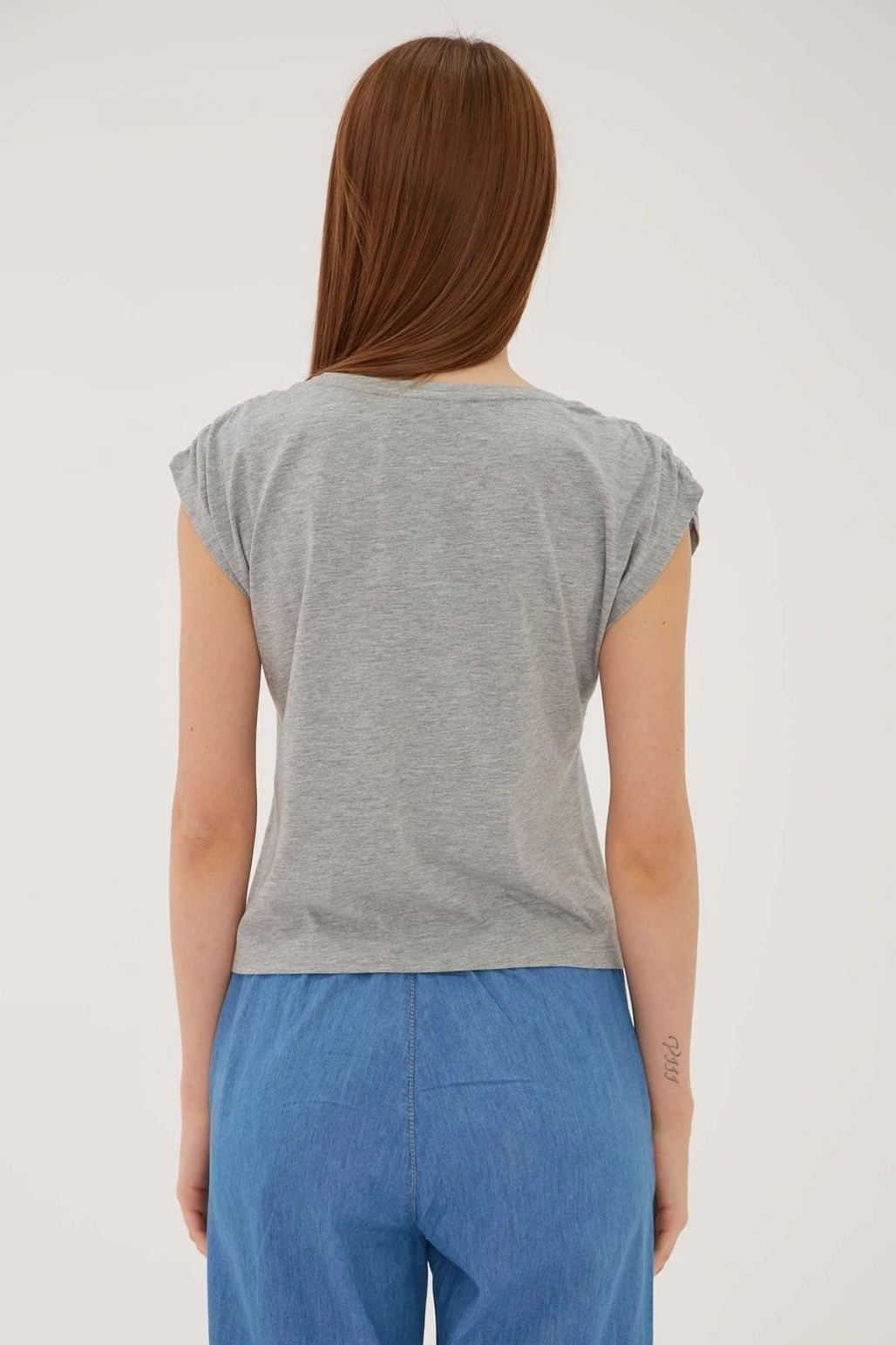 Omuz Büzgülü T-shirt Gri Melanj / Grey Melange