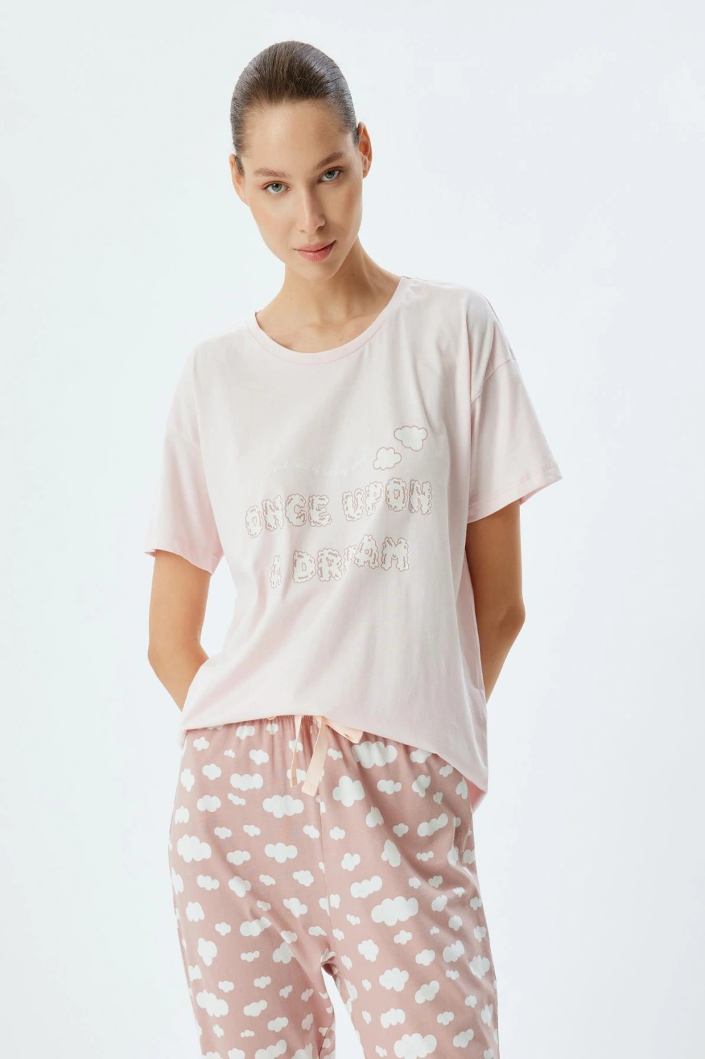 Örgü Pijama Takımı Bulut Baskılı Pamuklu Rahat Kalıp