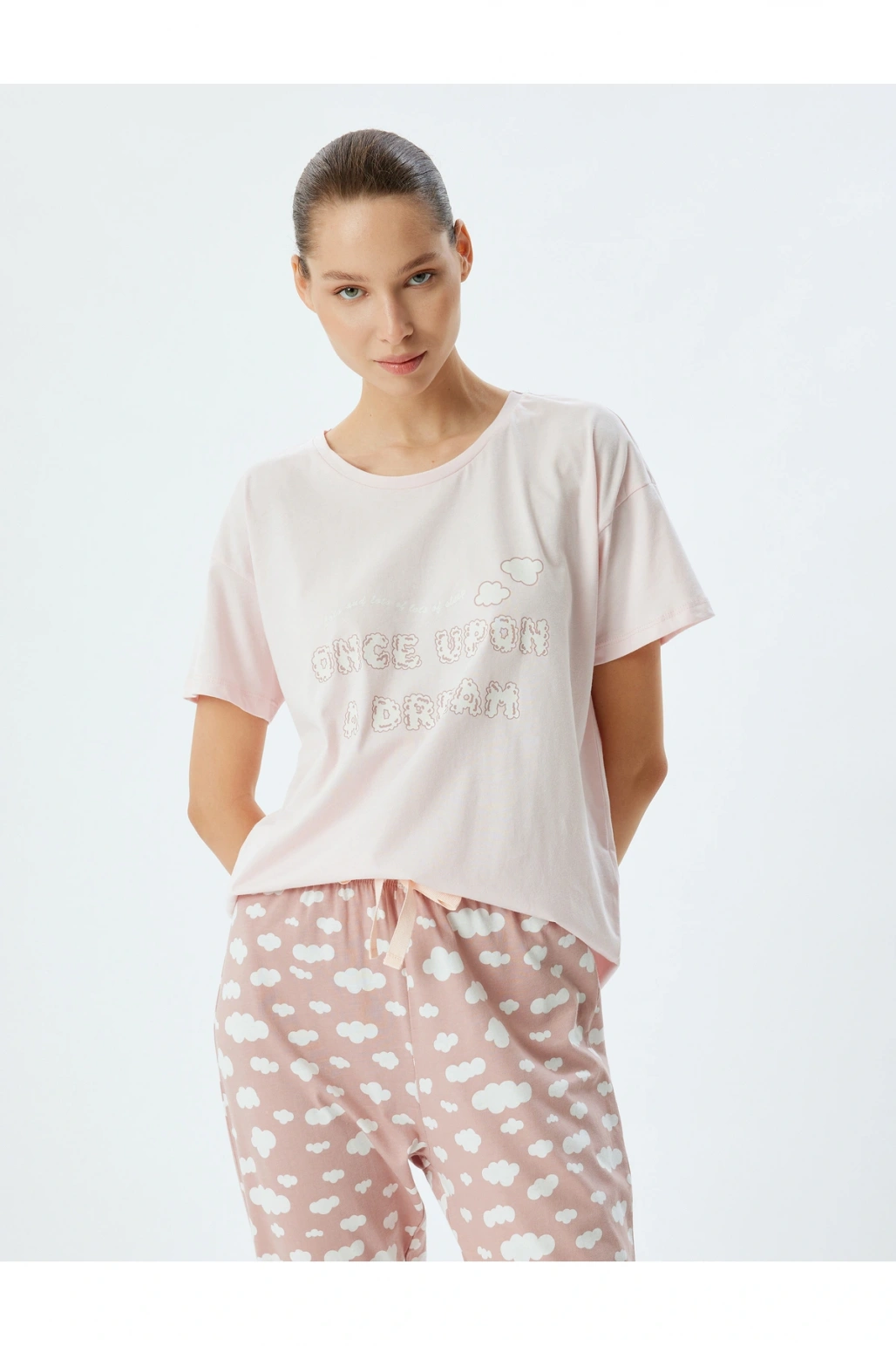 Örgü Pijama Takımı Bulut Baskılı Pamuklu Rahat Kalıp