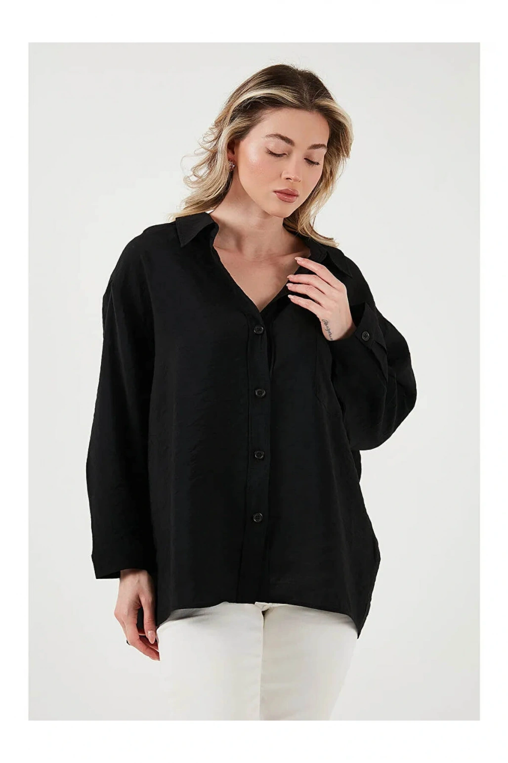 Oversize Cep Detaylı Uzun Kollu Gömlek GÖMLEK 25Y0571K1