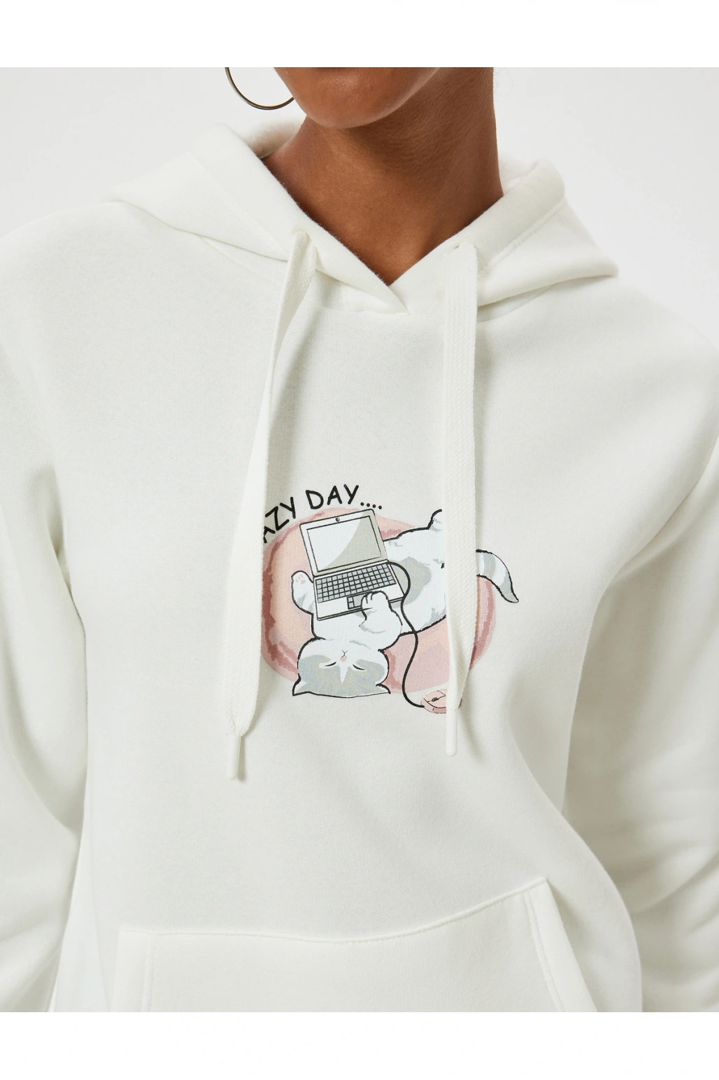 Oversize Kapüşonlu Sweatshirt Kanguru Cep Detaylı Baskılı Şardonlu