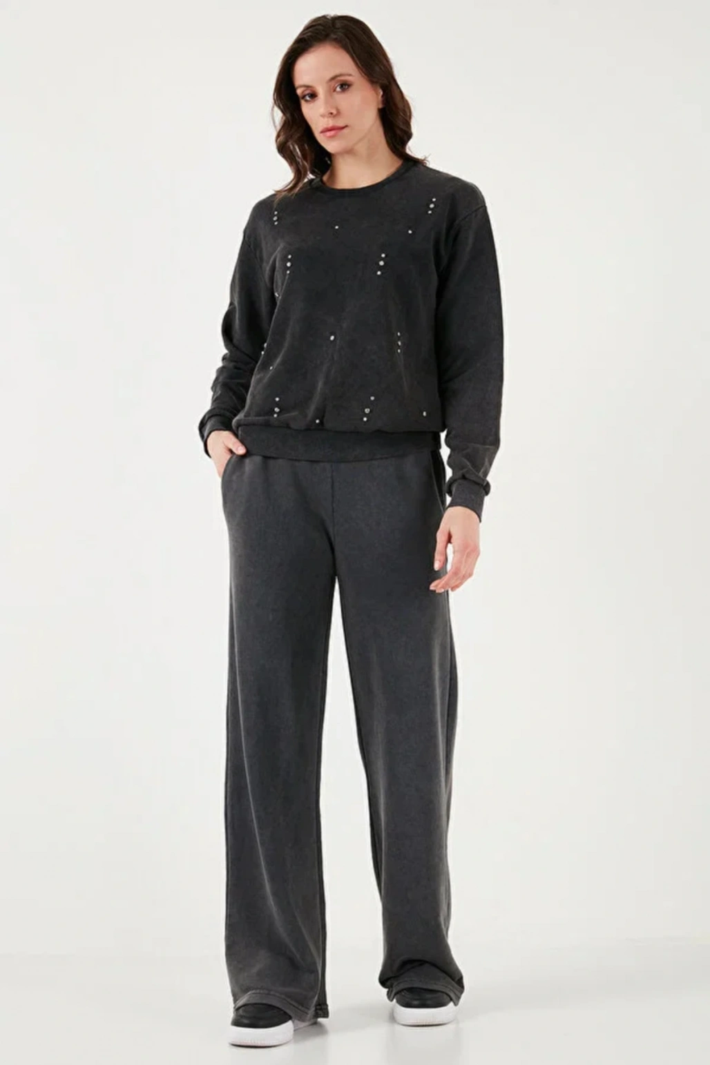 Pamuk Karışımlı Relax Fit Yüksek Bel Geniş Paça Eşofman Altı  EŞOFMAN ALTI 24K0