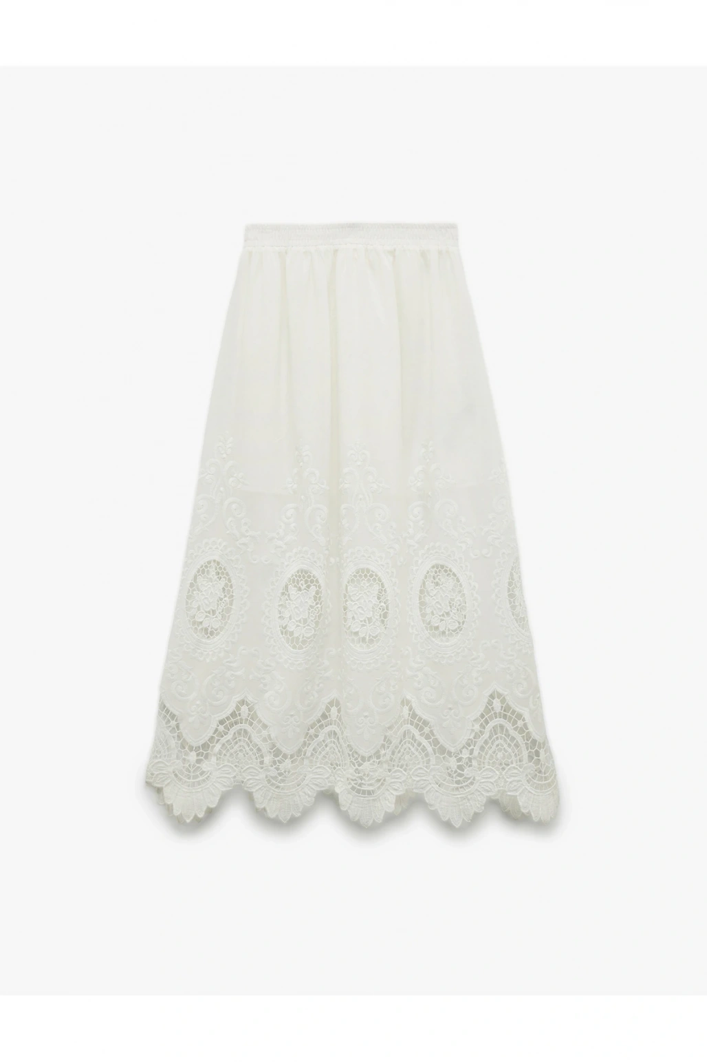 Pamuklu Astarlı Brode Detaylı Fistolu Midi Kloş Etek