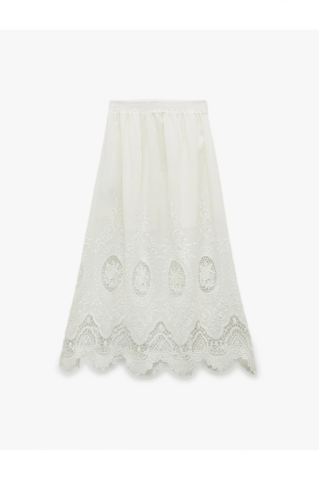 Pamuklu Astarlı Brode Detaylı Fistolu Midi Kloş Etek