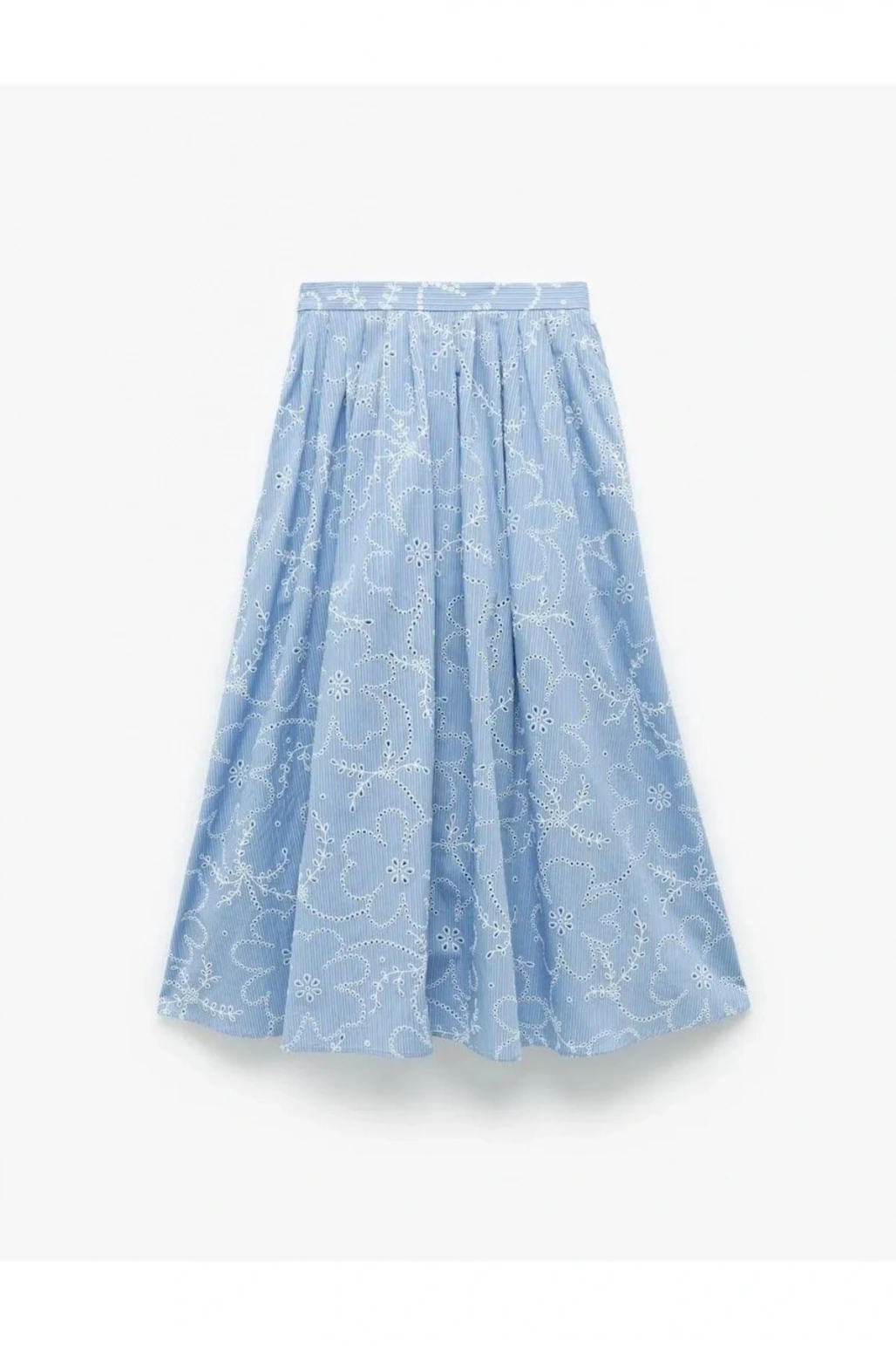 Pamuklu Astarlı Brodeli Pileli Fisto Uzun Çiçekli Kloş Etek