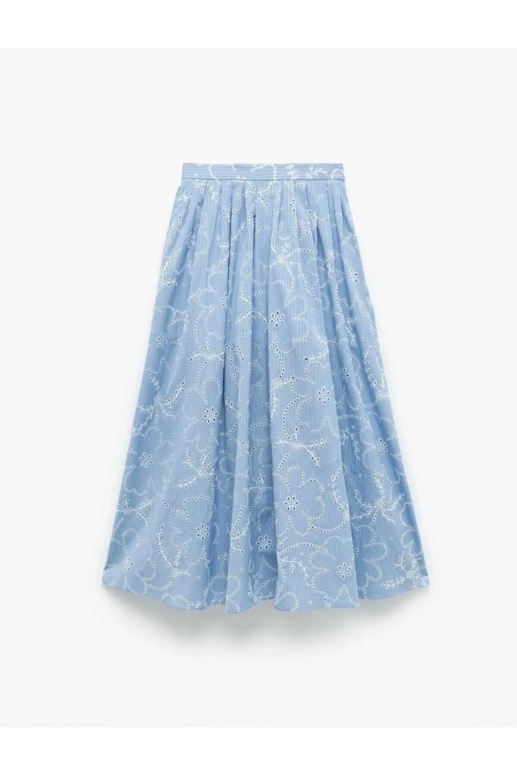 Pamuklu Astarlı Brodeli Pileli Fisto Uzun Çiçekli Kloş Etek