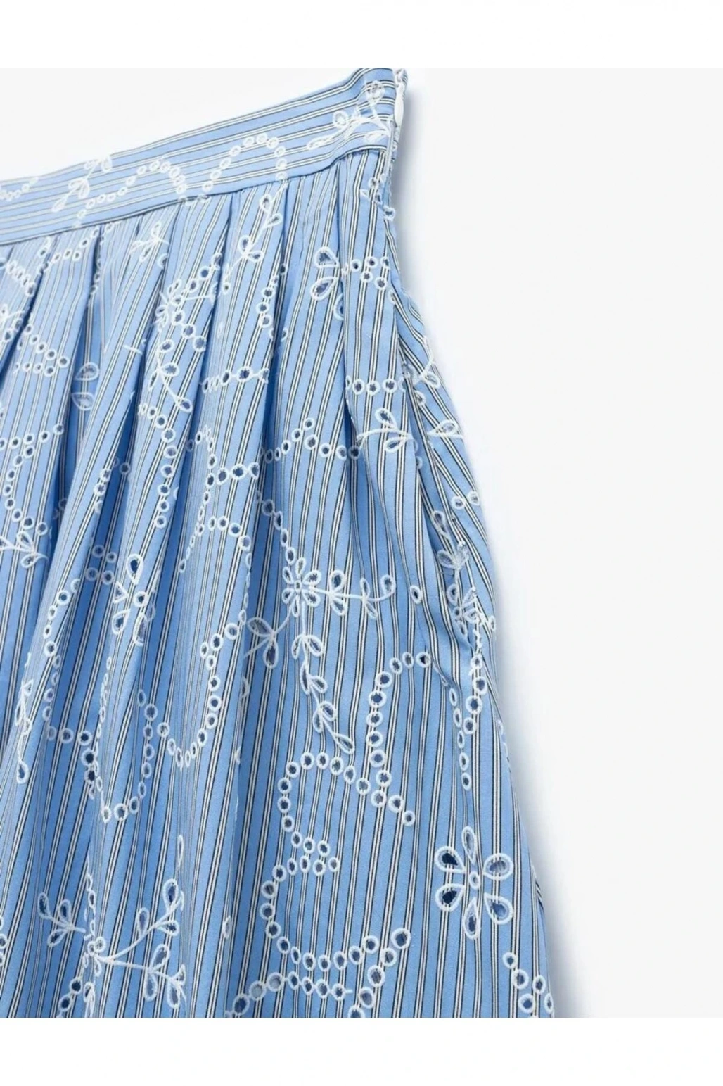 Pamuklu Astarlı Brodeli Pileli Fisto Uzun Çiçekli Kloş Etek