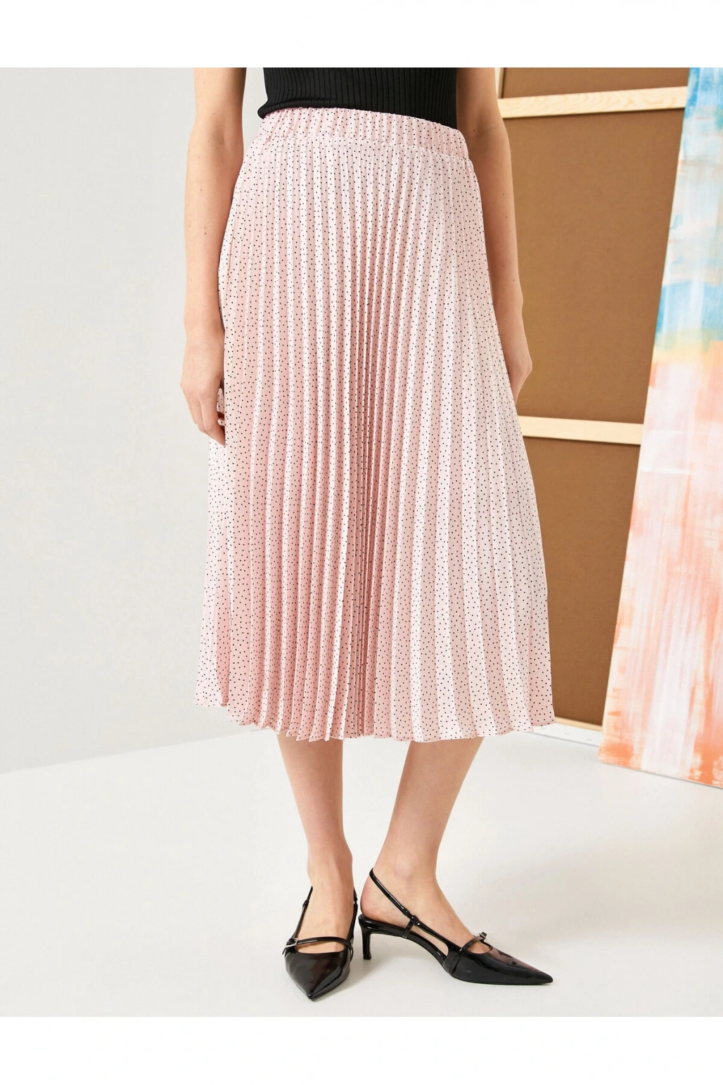 Pileli Midi Etek Puantiyeli Normal Bel