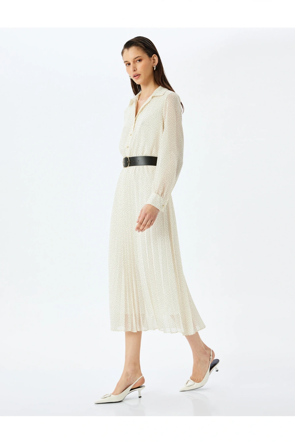 Pileli Uzun Kollu Puantiyeli Midi Gömlek Elbise
