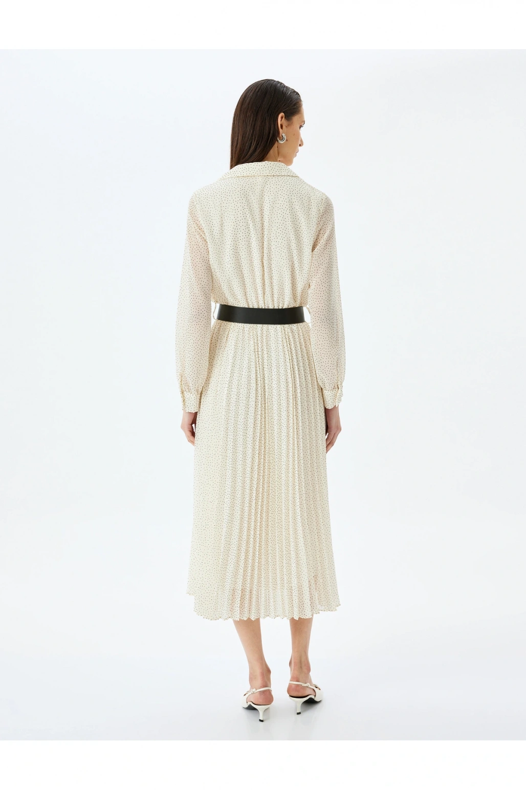 Pileli Uzun Kollu Puantiyeli Midi Gömlek Elbise