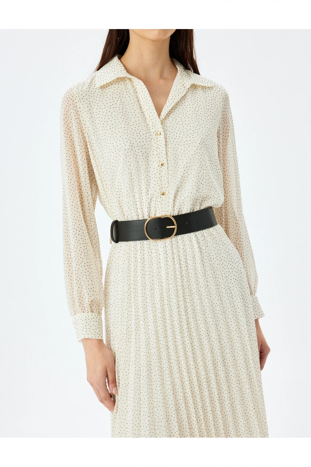 Pileli Uzun Kollu Puantiyeli Midi Gömlek Elbise