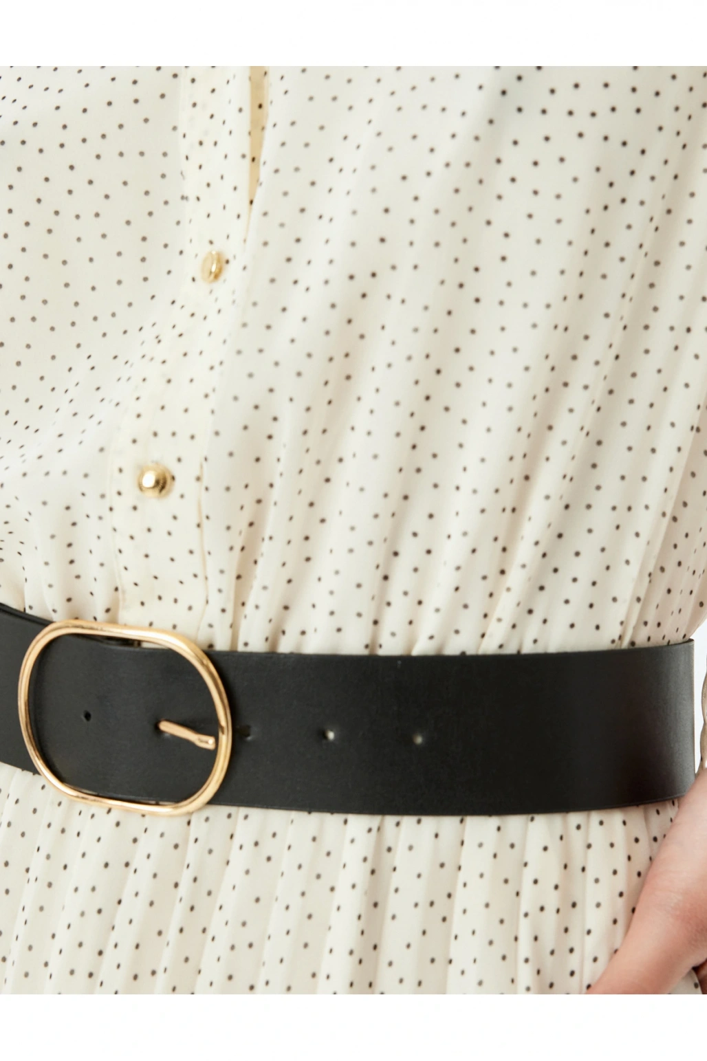 Pileli Uzun Kollu Puantiyeli Midi Gömlek Elbise