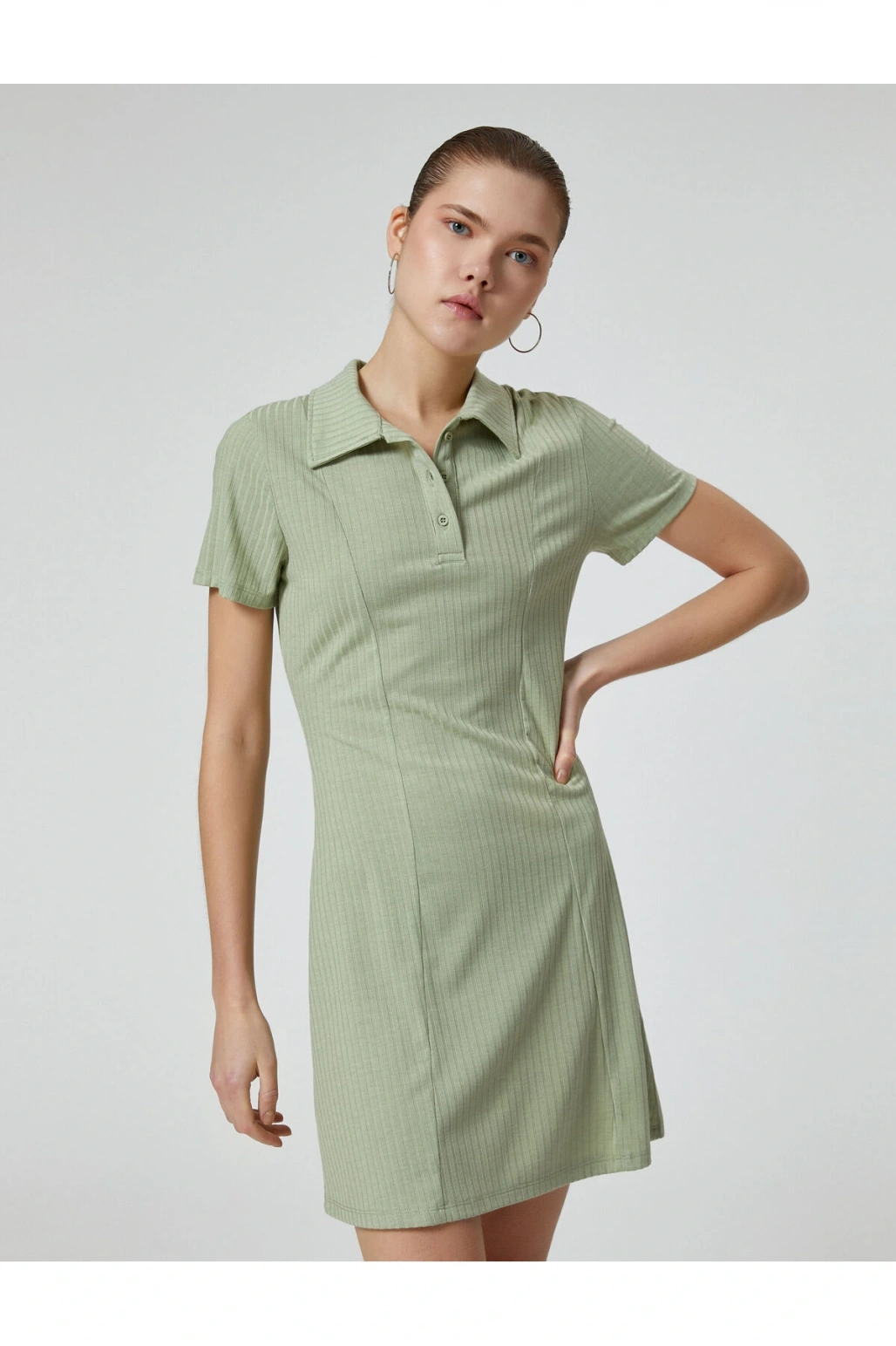 Polo Yaka Mini Elbise A Kesim Kısa Kollu Ribanalı