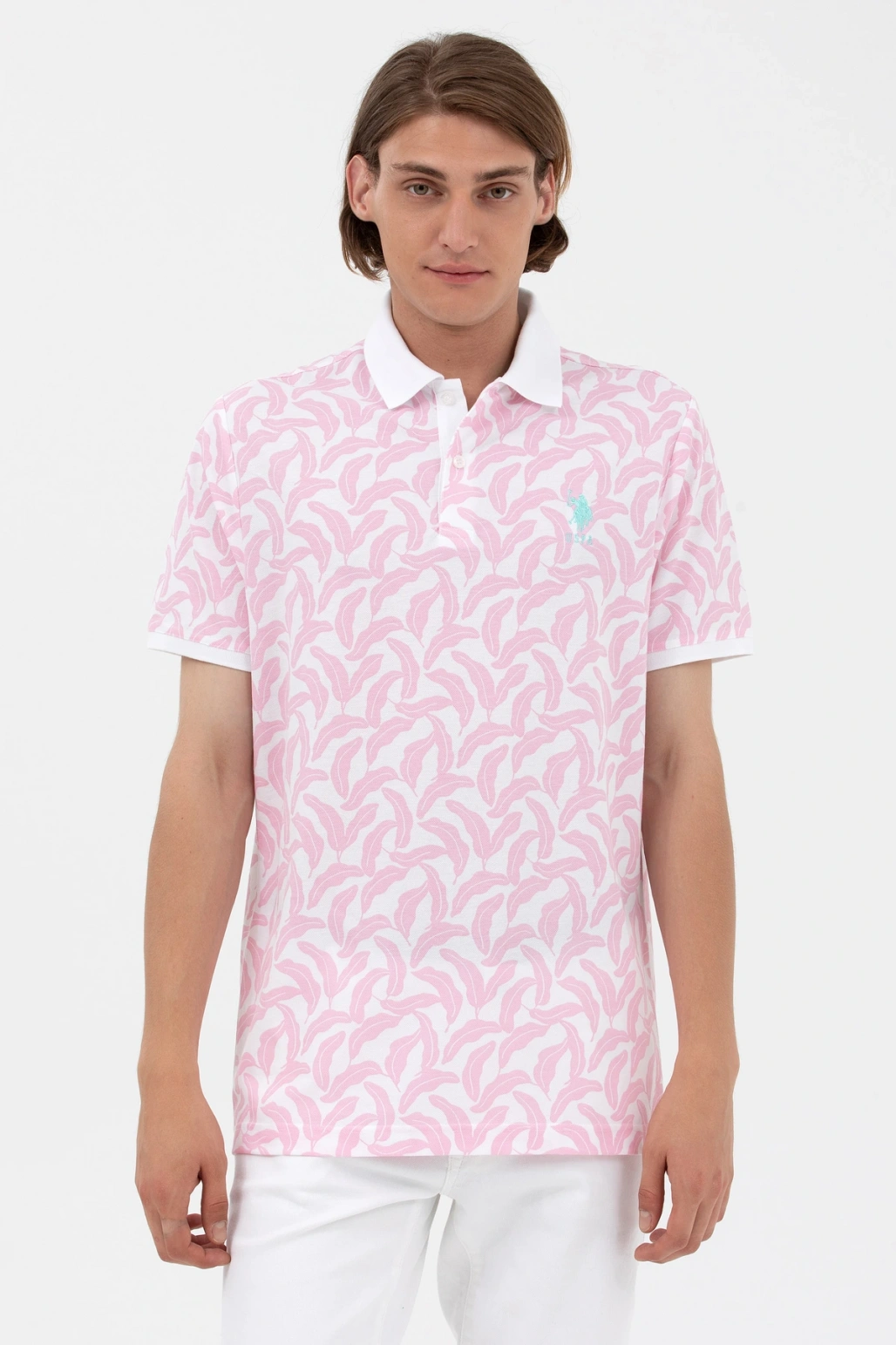 Polo Yaka Pembe-beyaz Erkek %100 Pamuk T-shirt 1573100