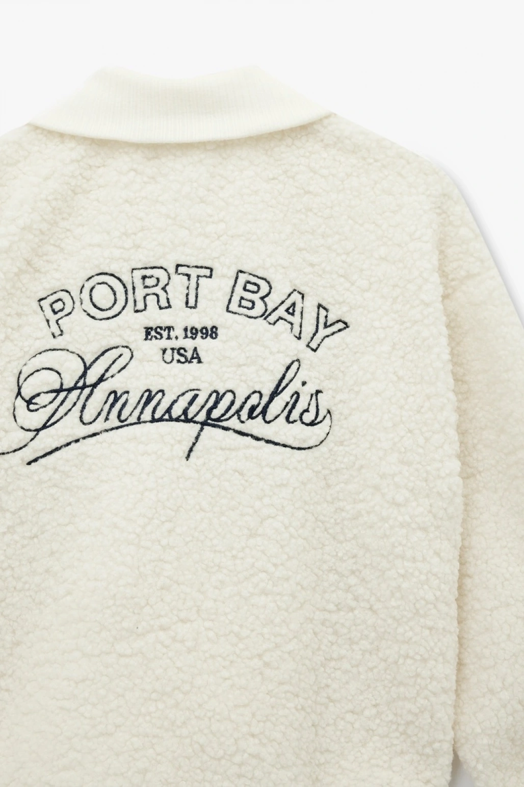 Rahat Kalıp Arkası Nakış Detaylı Cepli Uzun Kollu Fermuarlı Crop Peluş Ceket