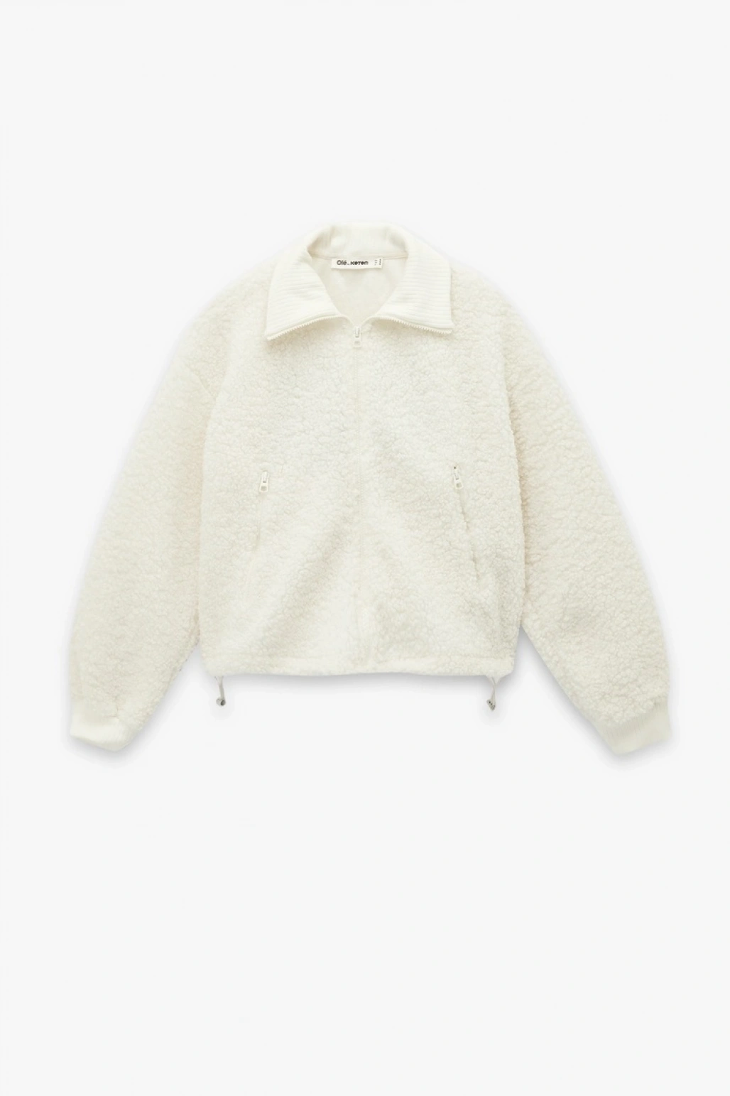 Rahat Kalıp Arkası Nakış Detaylı Cepli Uzun Kollu Fermuarlı Crop Peluş Ceket