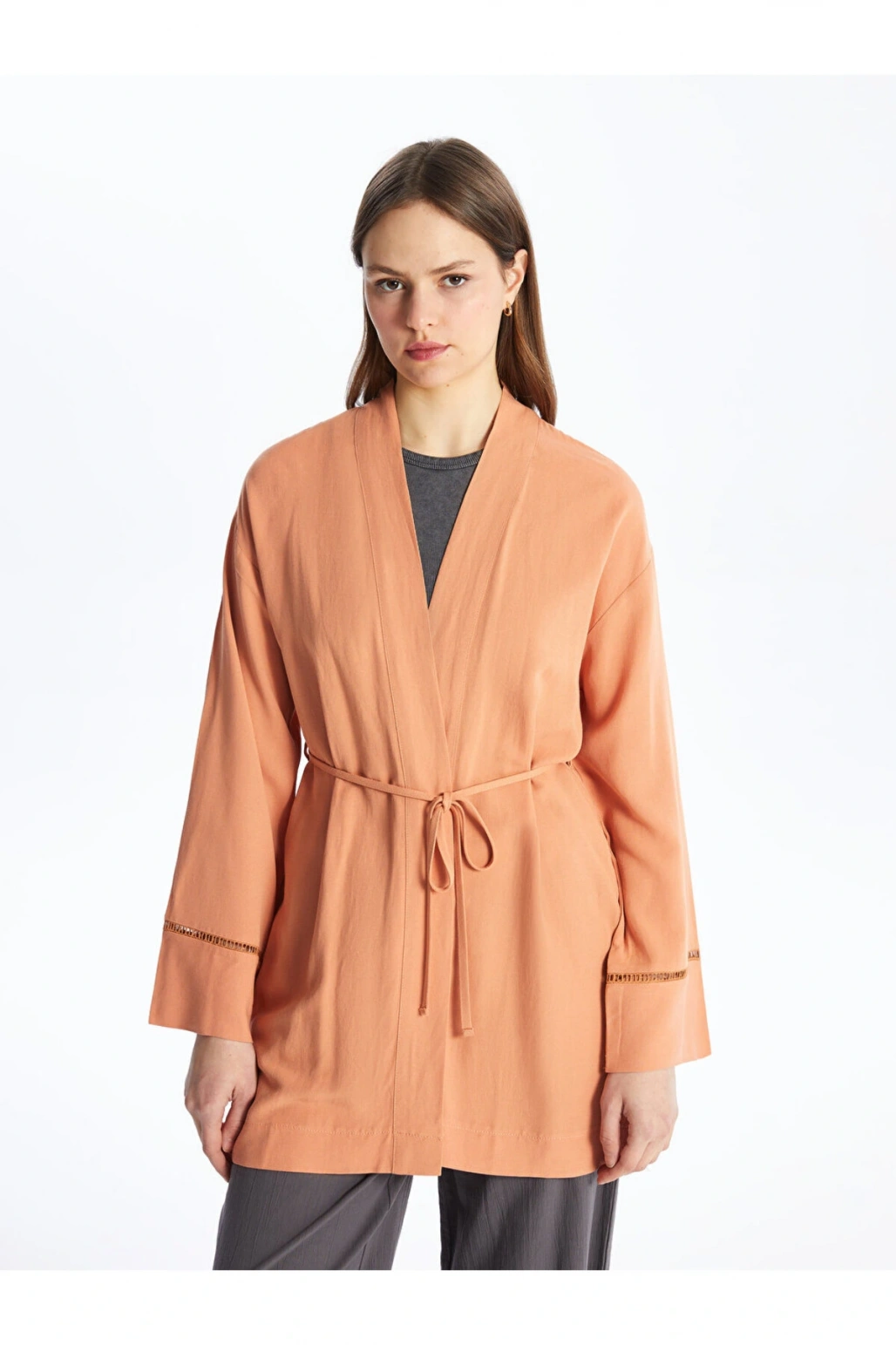 Şal Yaka Düz Uzun Kollu Keten Karışımlı Oversize Kadın Kimono