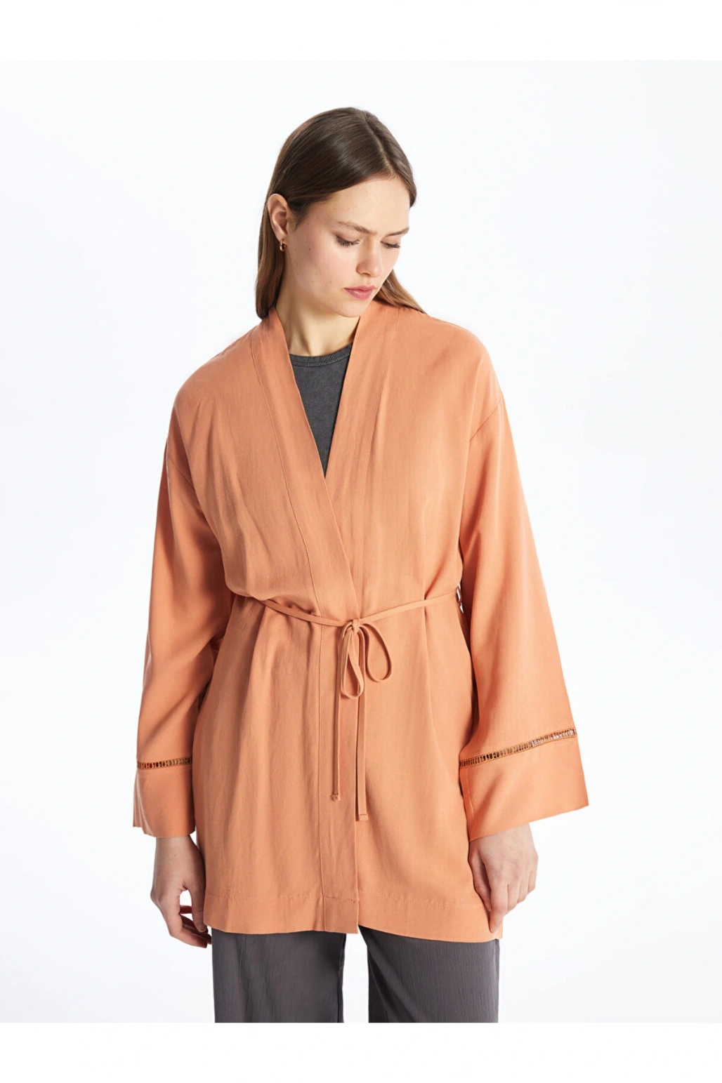 Şal Yaka Düz Uzun Kollu Keten Karışımlı Oversize Kadın Kimono