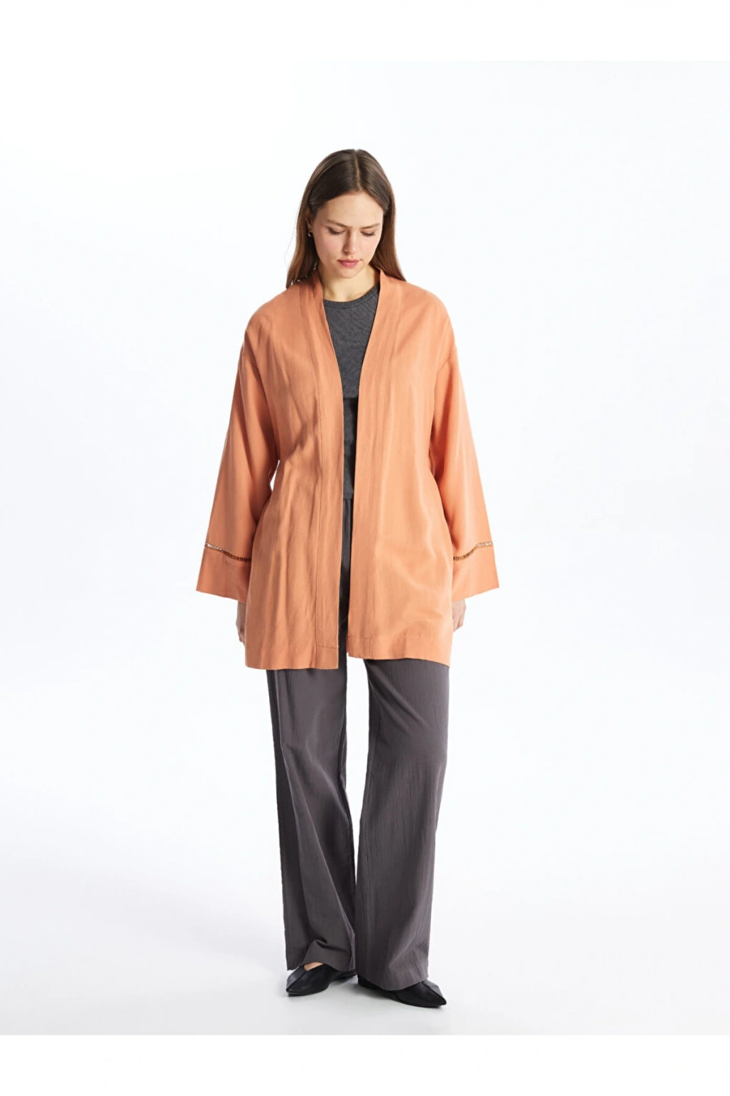 Şal Yaka Düz Uzun Kollu Keten Karışımlı Oversize Kadın Kimono