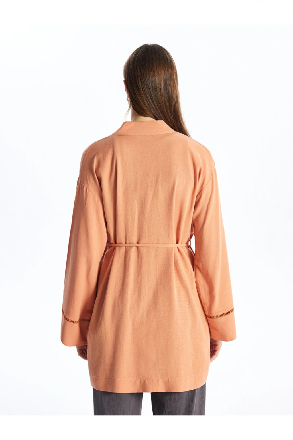 Şal Yaka Düz Uzun Kollu Keten Karışımlı Oversize Kadın Kimono