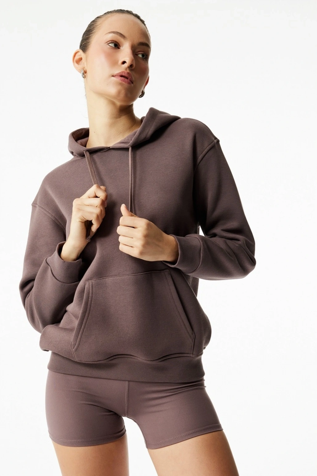 Şardonlu Kapüşonlu Uzun Kollu Kanguru Cepli Oversize Spor Sweatshir