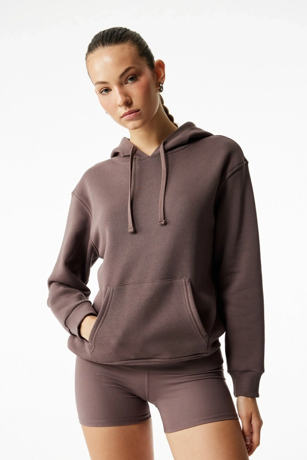 Şardonlu Kapüşonlu Uzun Kollu Kanguru Cepli Oversize Spor Sweatshir