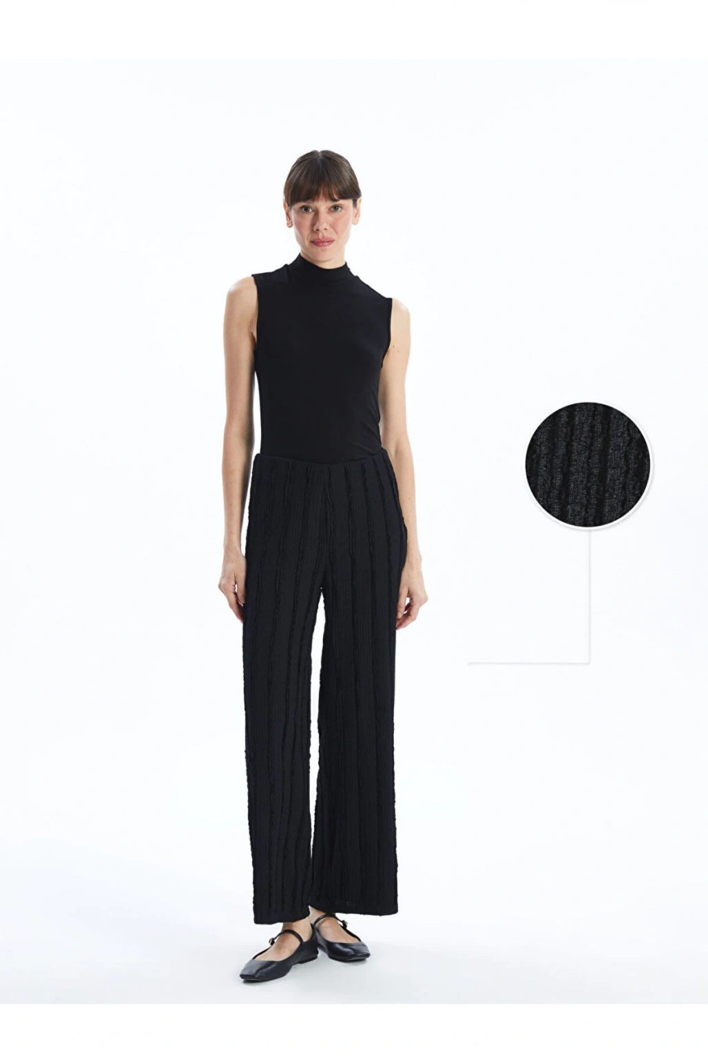 Siyah Beli Lastikli Dokulu Geniş Paça Kadın Pantolon