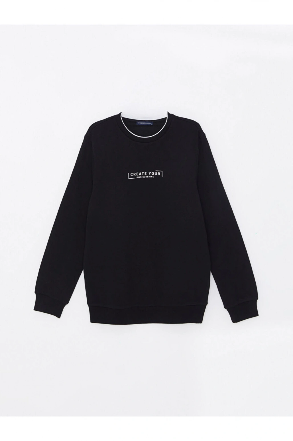 Siyah Bisiklet Yaka Baskılı Erkek Kalın Sweatshirt