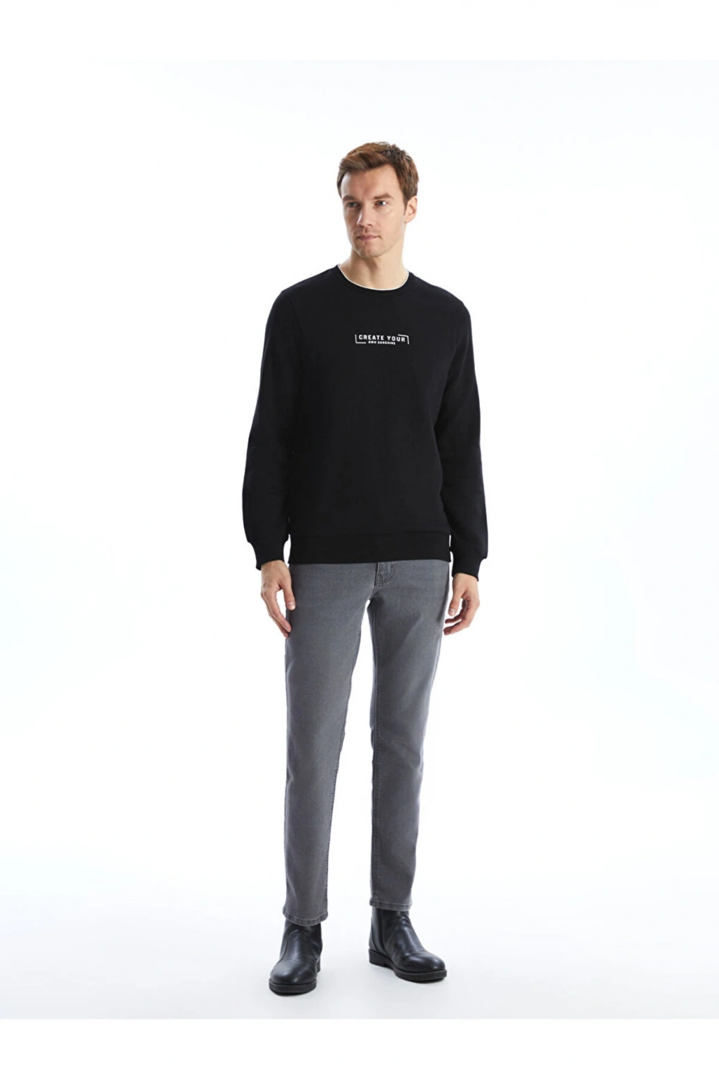 Siyah Bisiklet Yaka Baskılı Erkek Kalın Sweatshirt