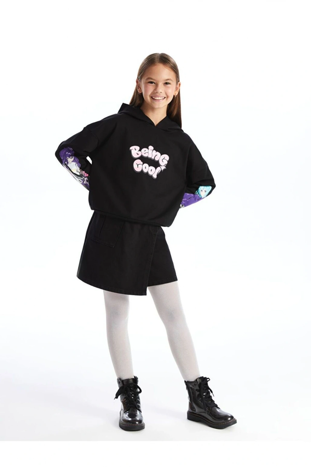 Siyah Kapüşonlu Kız Çocuk Kalın Sweatshirt