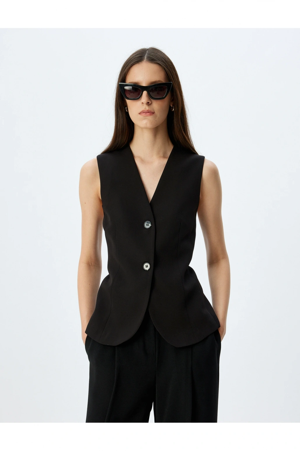 Slim Fit Düğmeli V Yaka Uzun Blazer Yelek