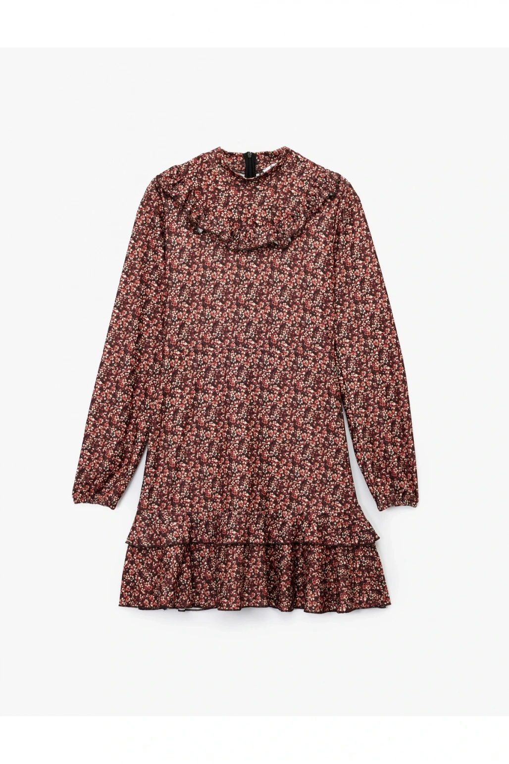 Slim Fit Fırfırlı Uzun Kollu Bisiklet Yaka Çiçekli Mini Elbise