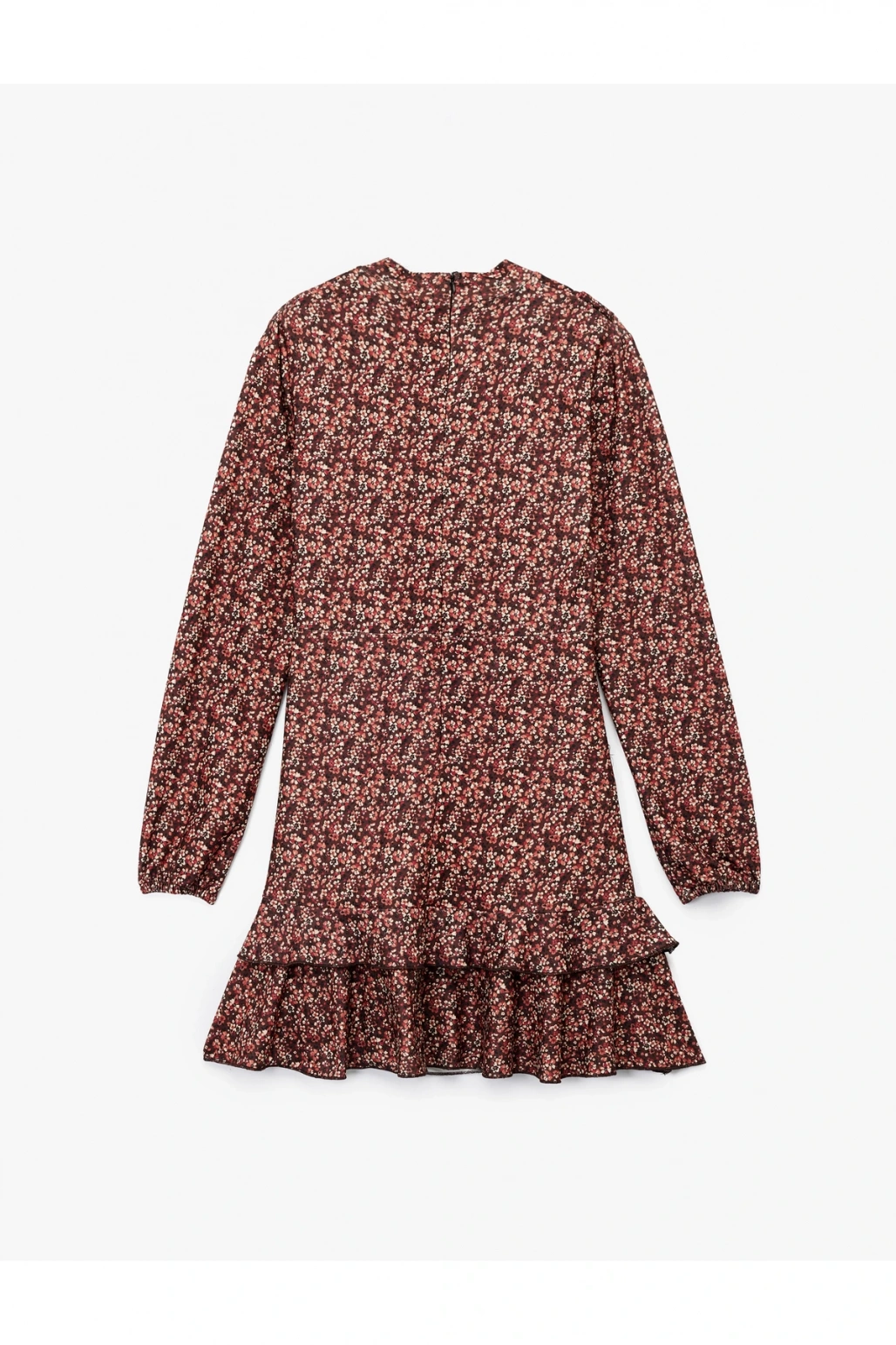 Slim Fit Fırfırlı Uzun Kollu Bisiklet Yaka Çiçekli Mini Elbise