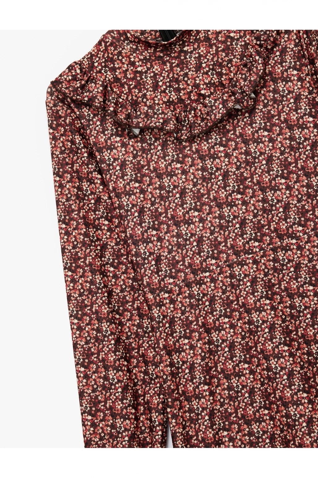 Slim Fit Fırfırlı Uzun Kollu Bisiklet Yaka Çiçekli Mini Elbise