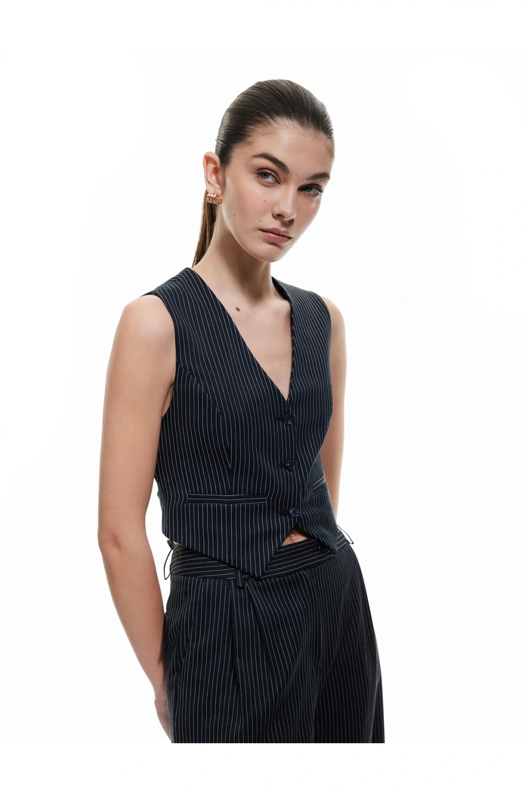 Slim Fit V Yaka Kolsuz Düğmeli Takım Yeleği