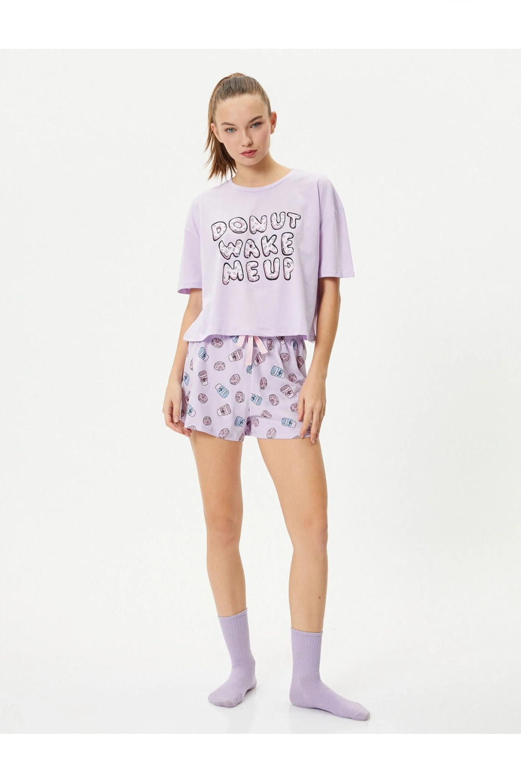 Şortlu Pijama Takımı Kısa Kollu Bisiklet Yaka Baskılı