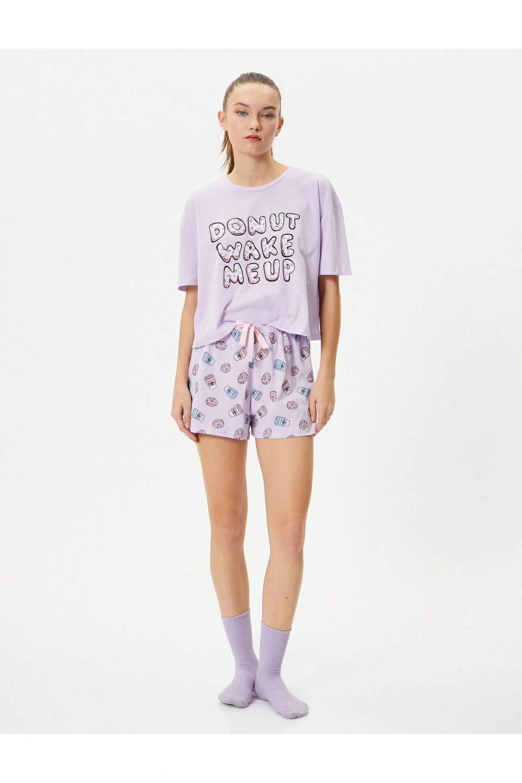 Şortlu Pijama Takımı Kısa Kollu Bisiklet Yaka Baskılı