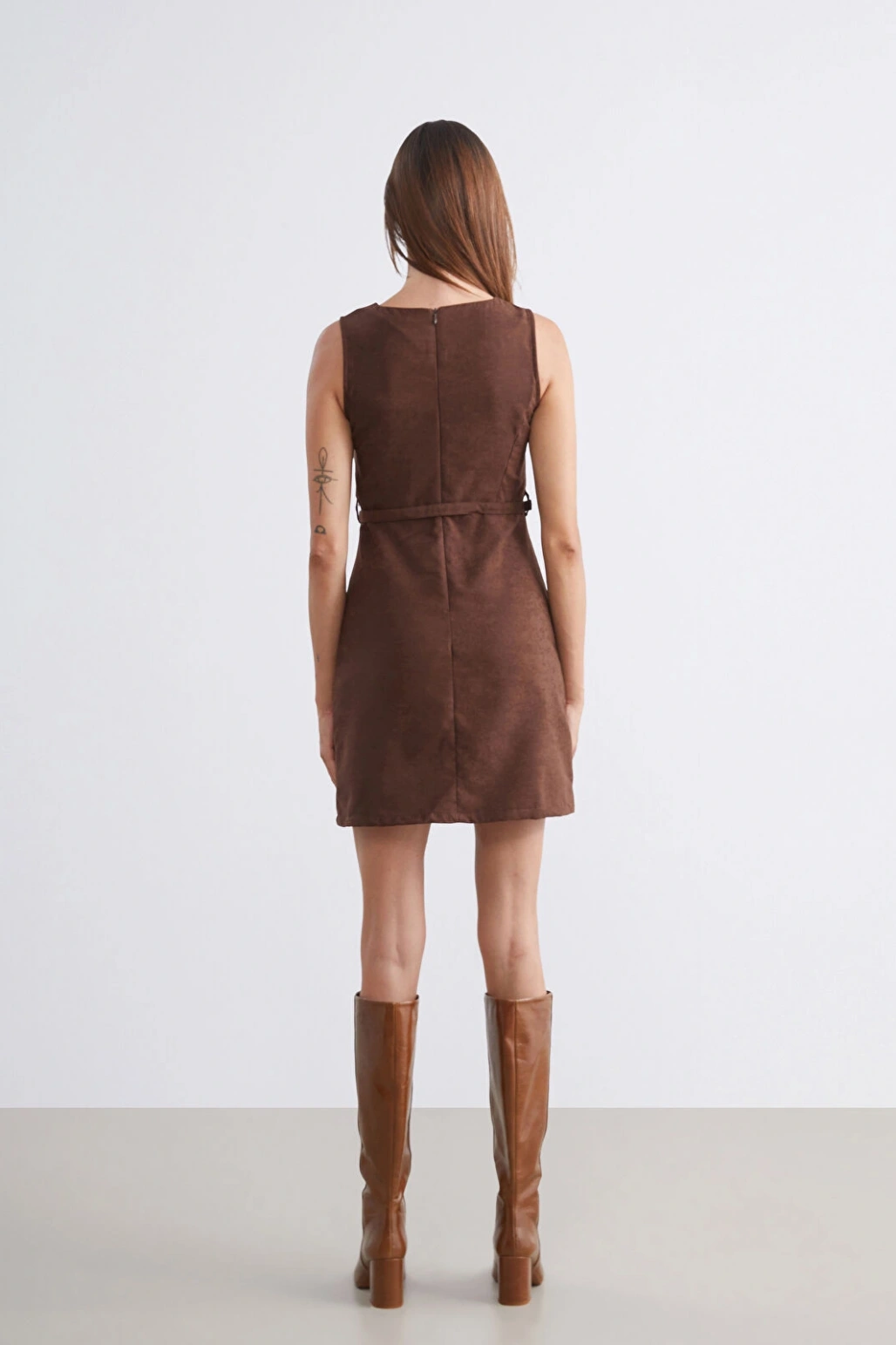 Soulife Kahverengi Bisiklet Yaka Süet Mini Elbise