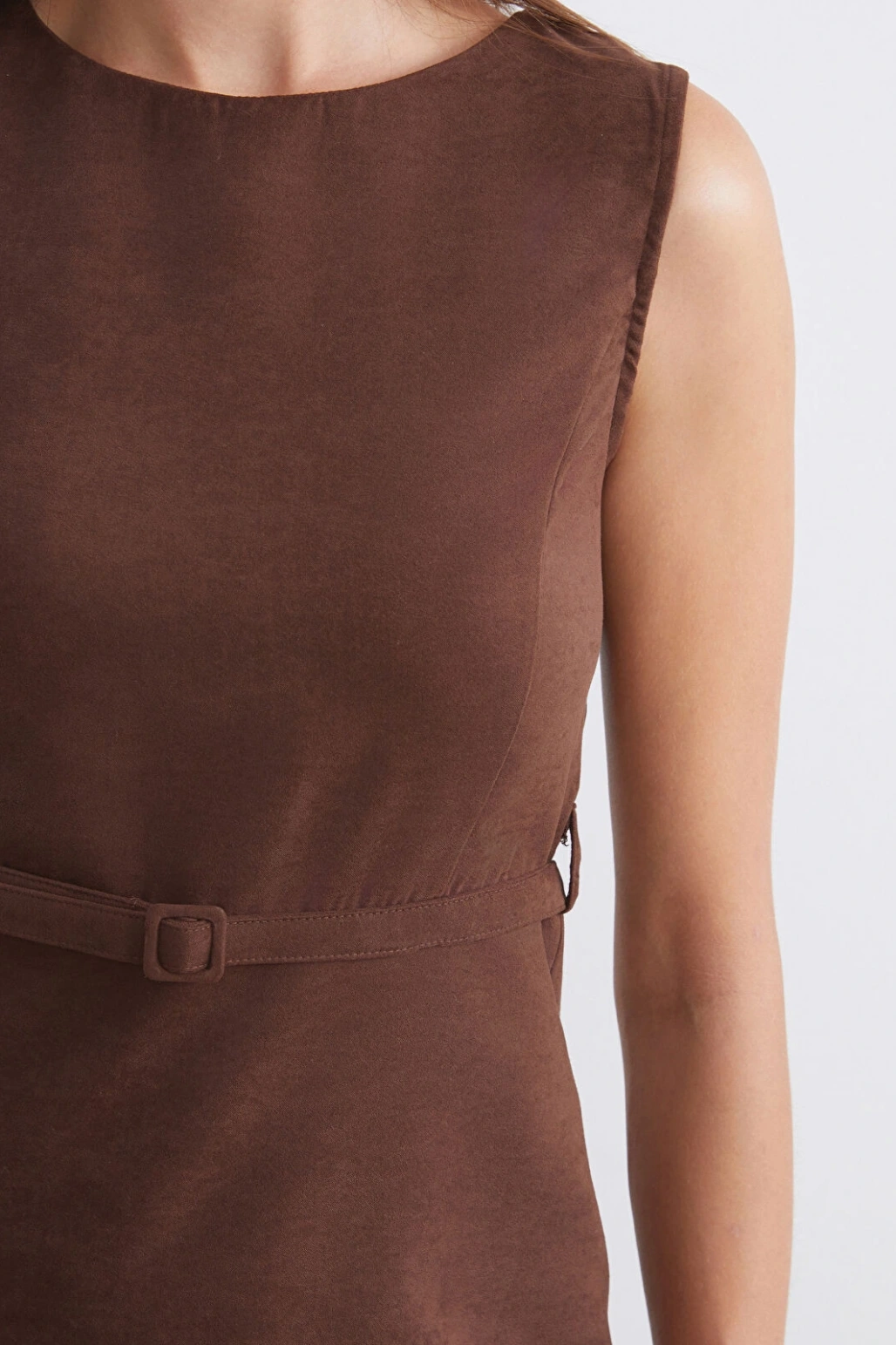 Soulife Kahverengi Bisiklet Yaka Süet Mini Elbise