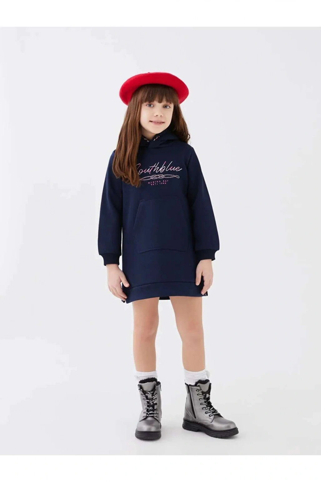 SOUTHBLUE Lacivert Kapüşonlu Nakışlı Uzun Kollu Kız Çocuk Elbise