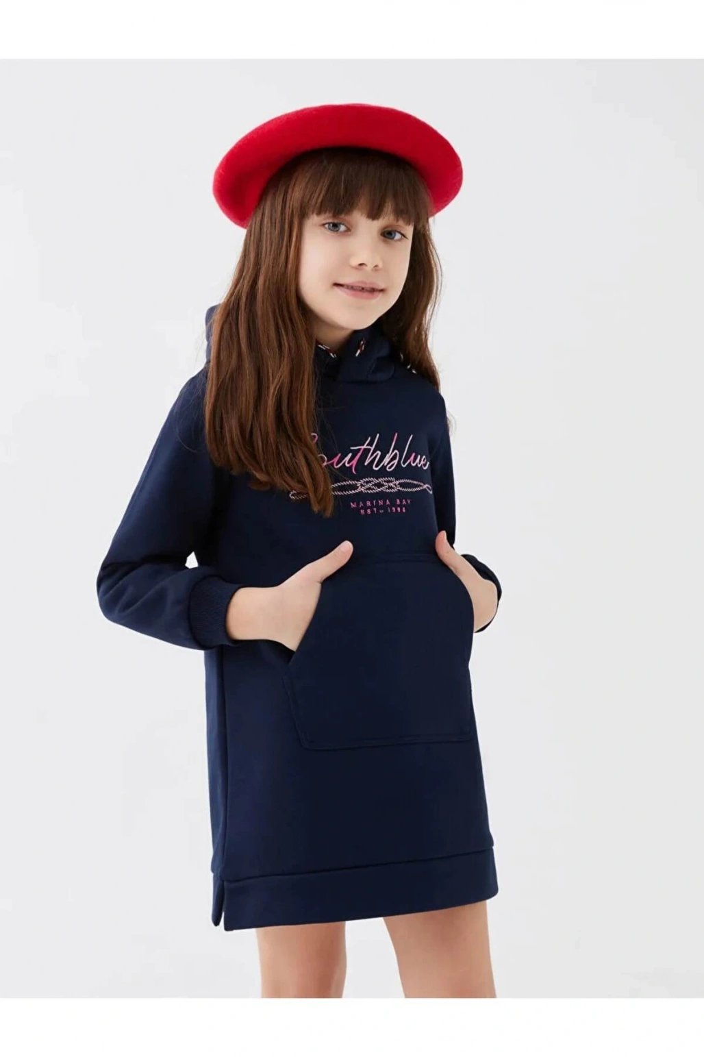SOUTHBLUE Lacivert Kapüşonlu Nakışlı Uzun Kollu Kız Çocuk Elbise