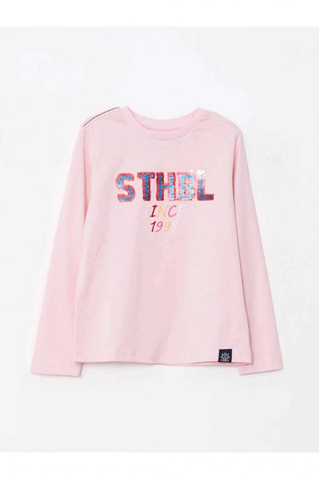 SOUTHBLUE Pembe Bisiklet Yaka Pul İşlemeli Uzun Kollu Pamuklu Kız Çocuk Tişört