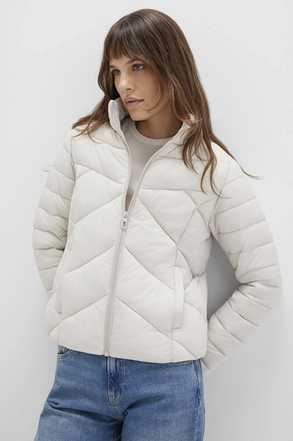 Su İtici Dik Yaka Ekru Şişme Mont