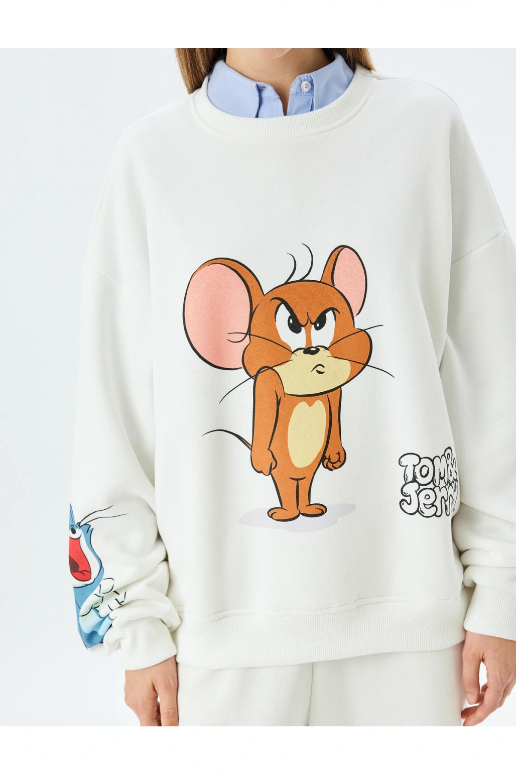 Tom ve Jerry Baskılı Bisiklet Yaka Şardonlu Rahat Kalıp Lisanslı Sweatshirt