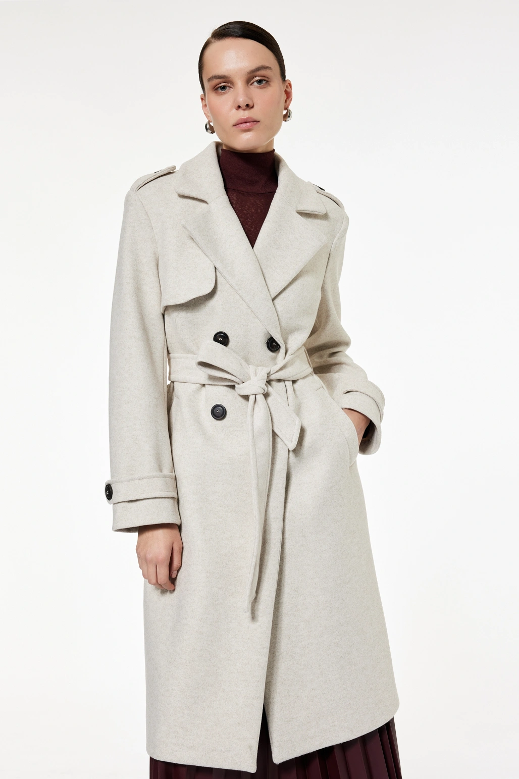 Trenç Kaban Kaşe Uzun Kollu Kruvaze Kemerli