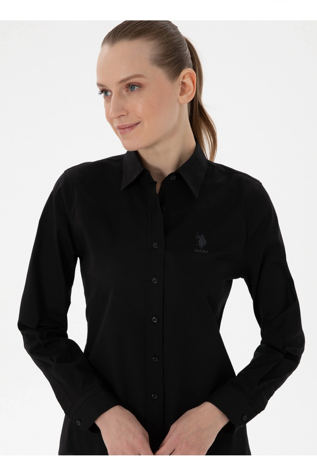 U.S. Polo Assn. U.S. Polo Assn. Slim Fit Gömlek Yaka Siyah Kadın Gömlek