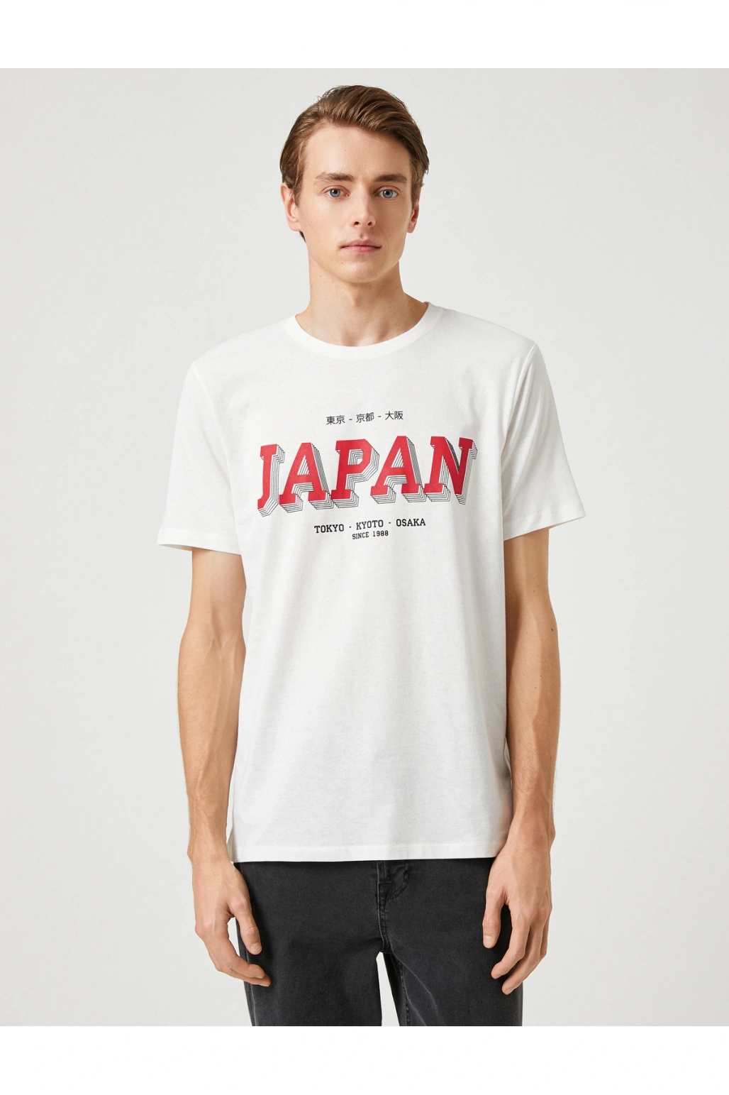 Uzakdoğu Baskılı Tişört Bisiklet Yaka Kısa Kollu